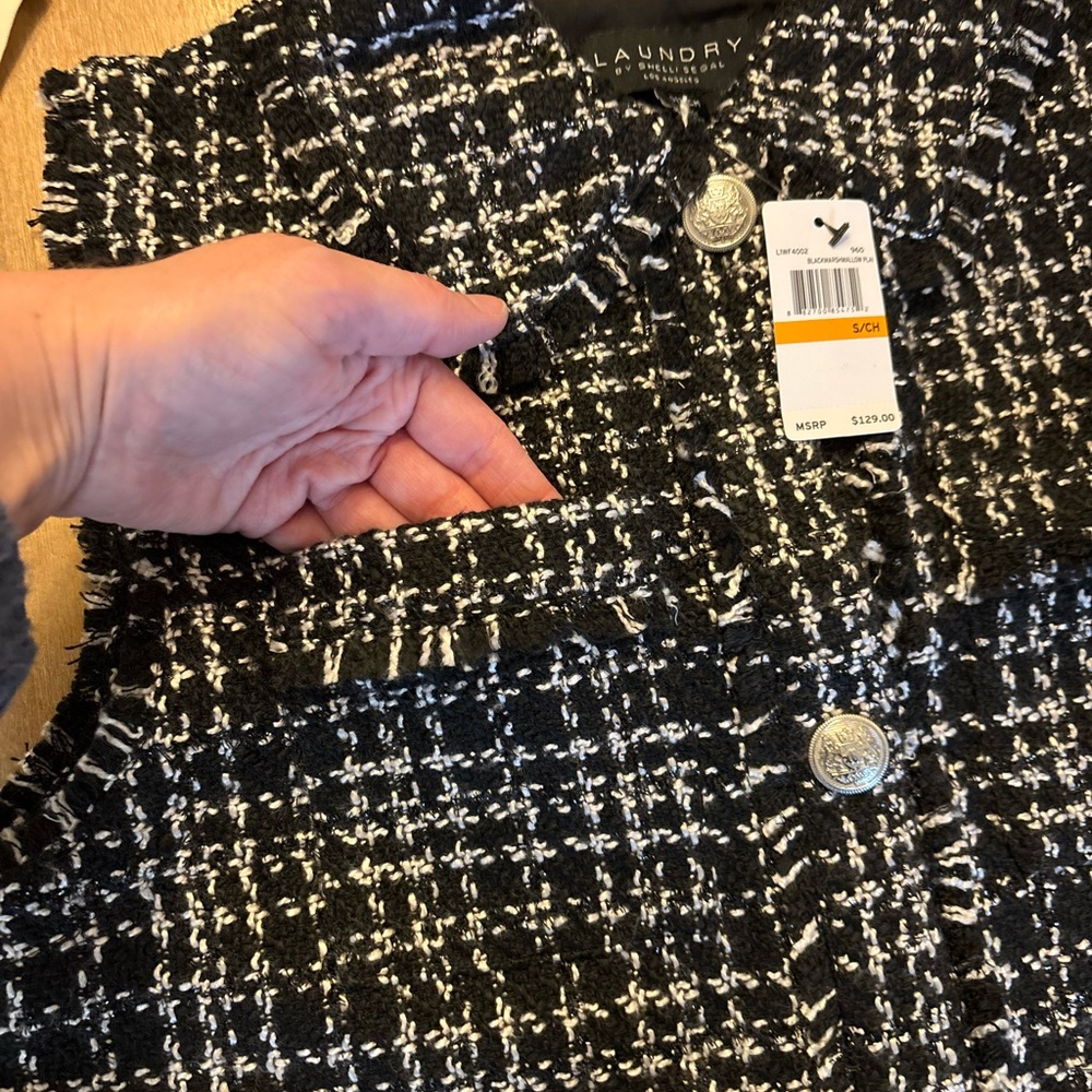 Laundry by Shelli Segal Tweed Cropped Vest Frayed Design, Black /White, Sz S NWT - Picture 10 of 13